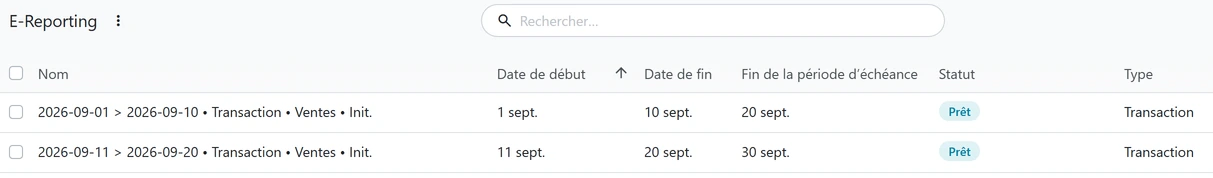 Écran d’Odoo, application Comptabilité&nbsp;: l’e-reporting. Un flux de ventes par période, avec sa date de début, sa date de fin, la fin de sa période d’échéance et son statut, «&nbsp;Prêt&nbsp;».