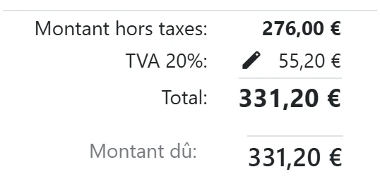 Les totaux de la même facture dans Odoo&nbsp;: le montant hors taxes, la TVA et le total.