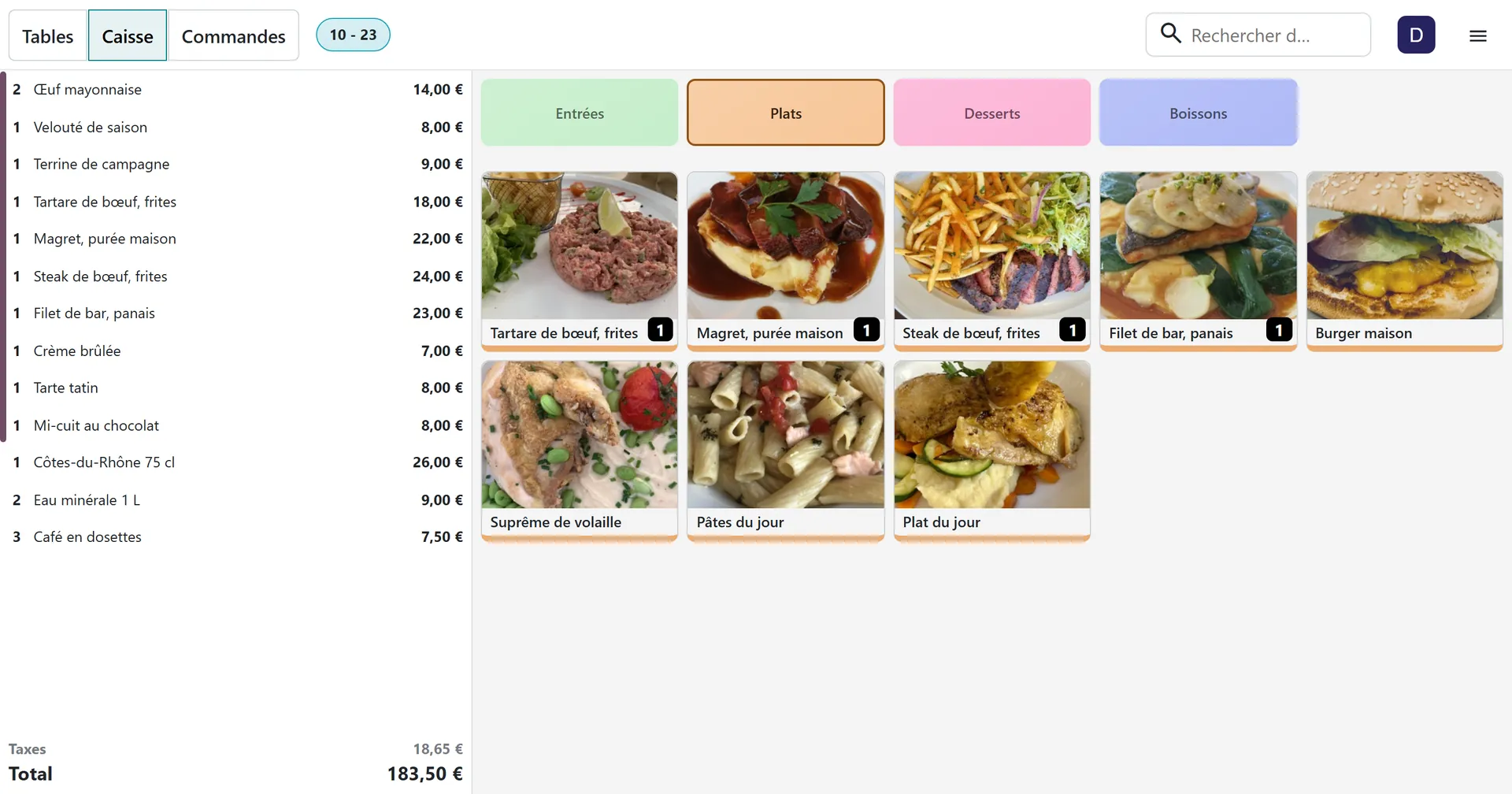 Écran d’Odoo, application Point de vente&nbsp;: une commande en cours, les plats en tuiles avec leur photo, les quantités commandées et le total de la commande.
