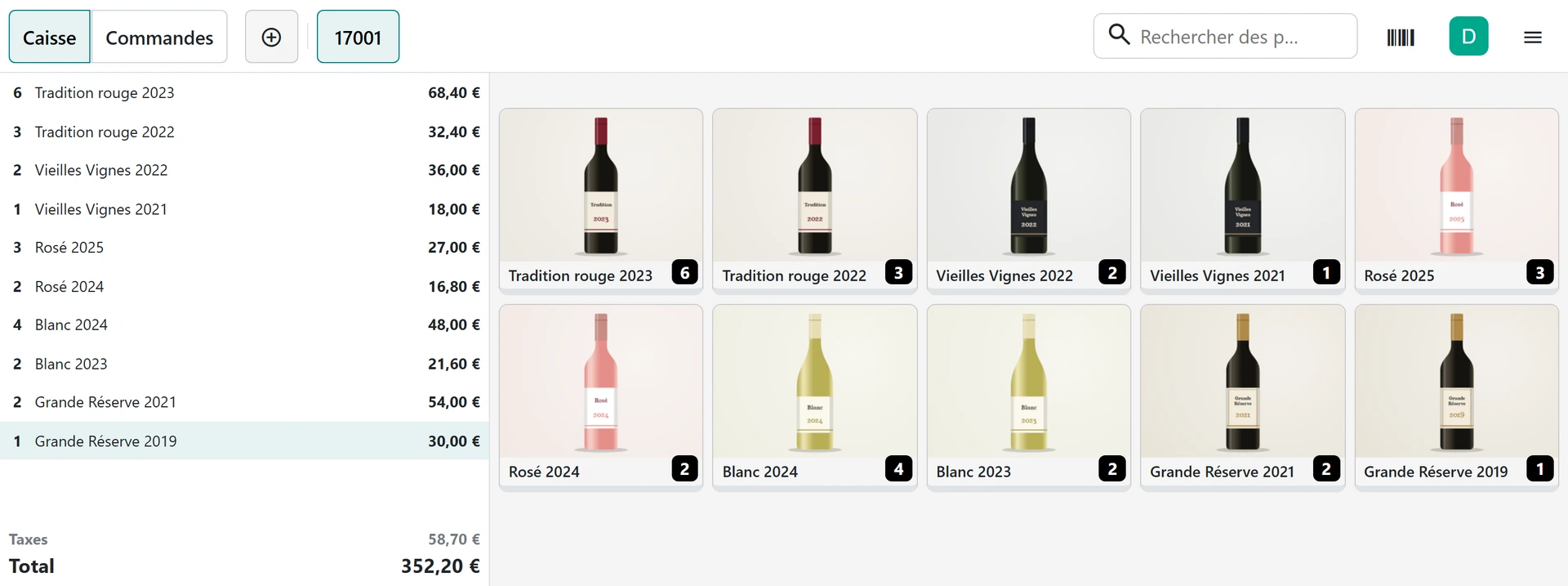 Écran d’Odoo, application Point de vente&nbsp;: la caisse du caveau, les vins du domaine en tuiles, leurs quantités et le total du ticket en cours.